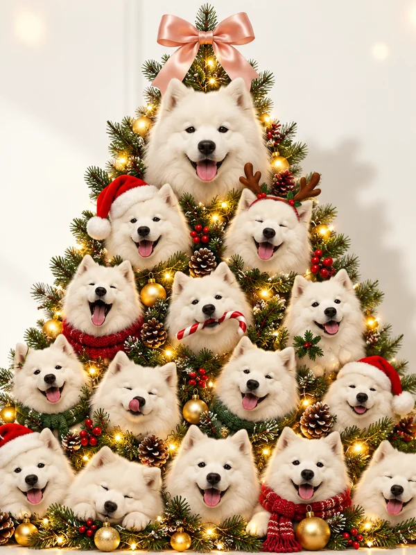 Christmas tree made of white fluffy dog portraits wearing festive scarves