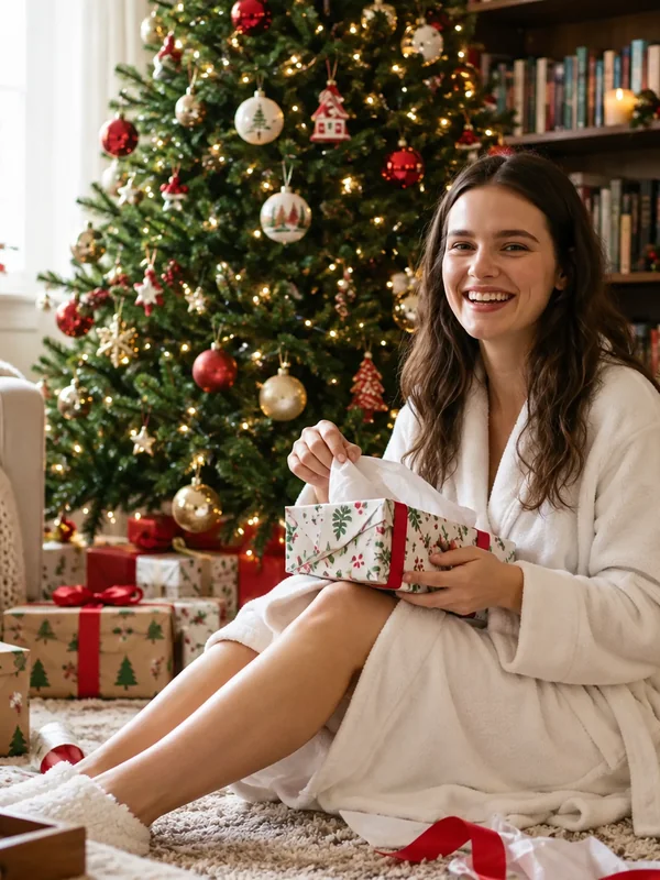 Laughing woman in a white robe holding a gift beside a Christmas tree and bookshelves