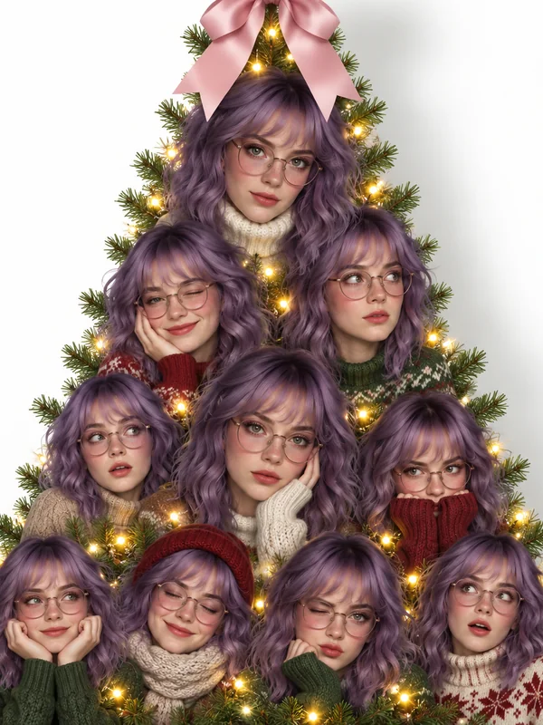 Christmas tree made of many portraits of a woman with purple hair and glasses