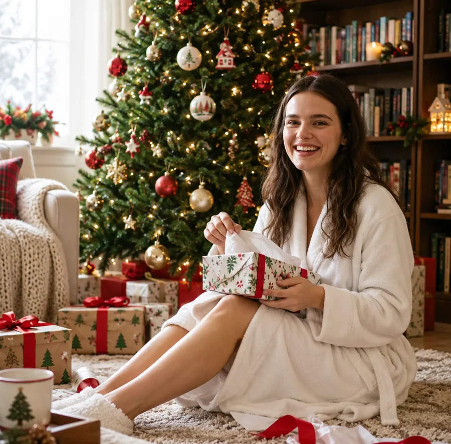 Woman in a white robe laughing and holding a small gift next to a decorated tree on Christmas morning