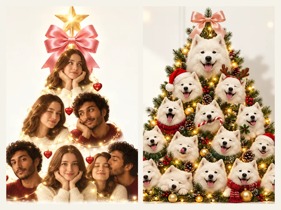 A couple portrait Christmas tree next to a Christmas tree made of white dog portraits