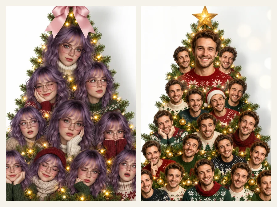 Two portrait Christmas trees, one made of a woman’s headshots and one made of a man’s headshots