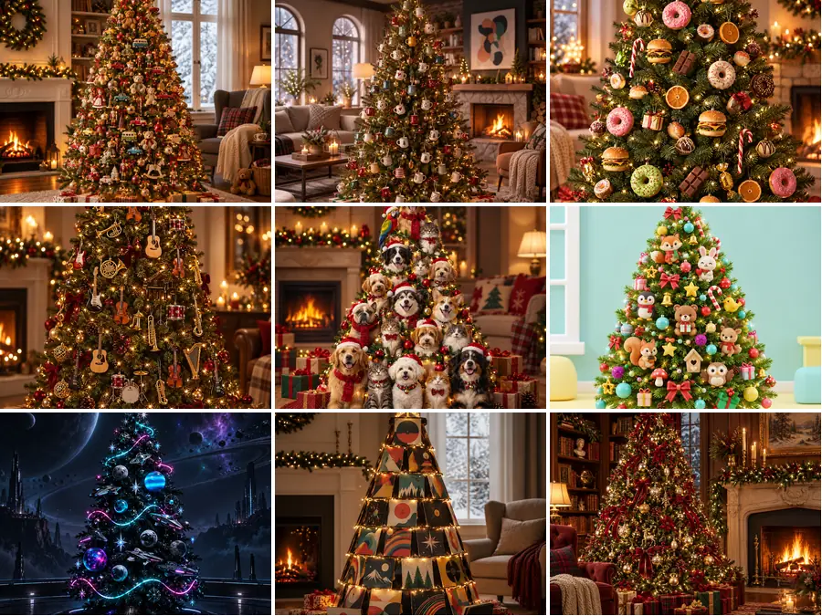 Grid of nine Christmas trees decorated with toys, mugs, snacks, instruments, pets, cartoon animals, space ornaments, records, and plaid ribbons