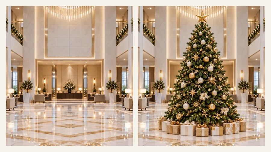 Decorated Christmas tree with gifts placed in the middle of a bright lobby with sofas