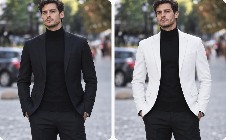 Man in a black blazer changed into a white blazer on a city street
