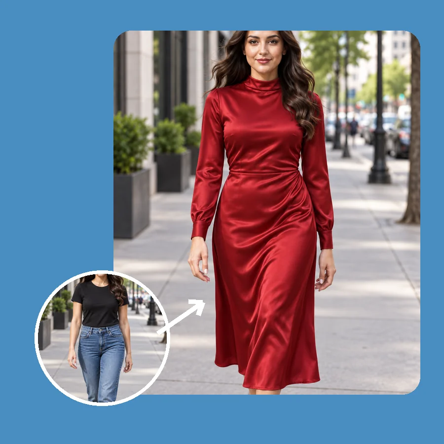 Casual black top and jeans changed into a red satin midi dress
