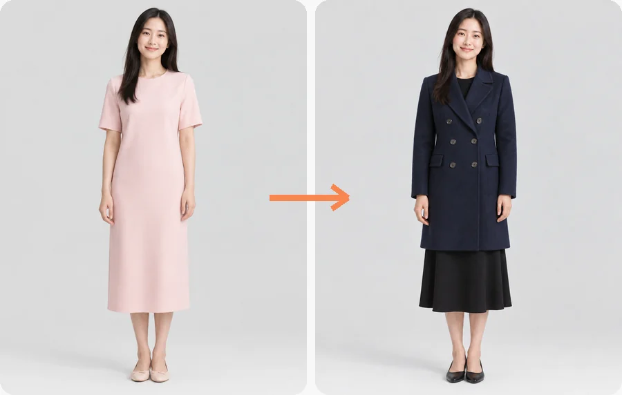 Woman in a pink midi dress changed into a navy double-breasted coat and black skirt