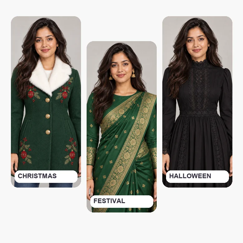 Three festive outfits: a Christmas coat, a Diwali saree, and a gothic Halloween dress