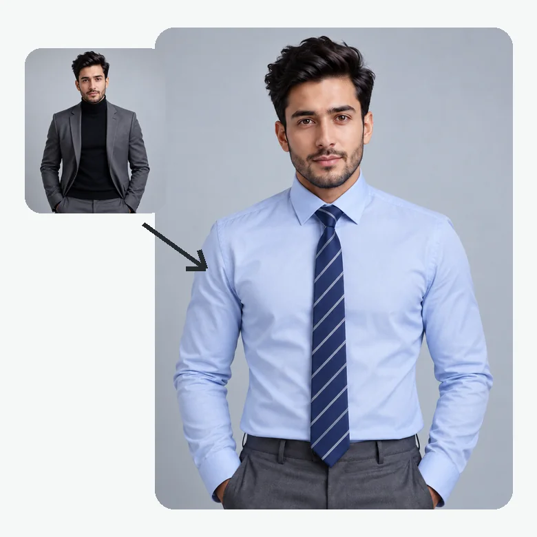Man in a gray blazer changed into a light blue shirt and striped tie