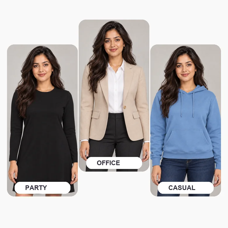 Three outfits created from text prompts: office blazer, party dress, and oversized hoodie