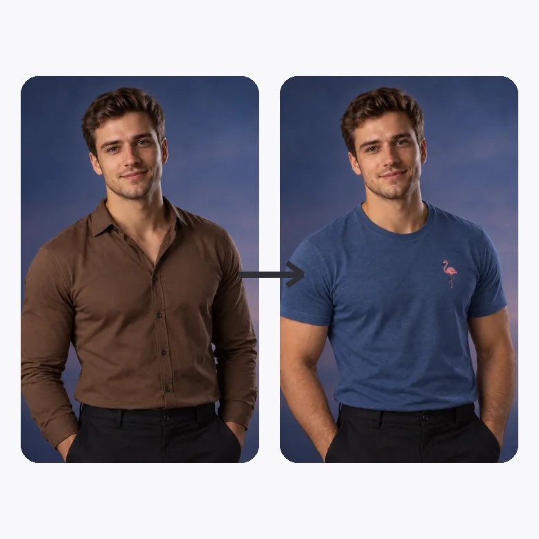 Man in a brown button shirt changed into a blue graphic T-shirt