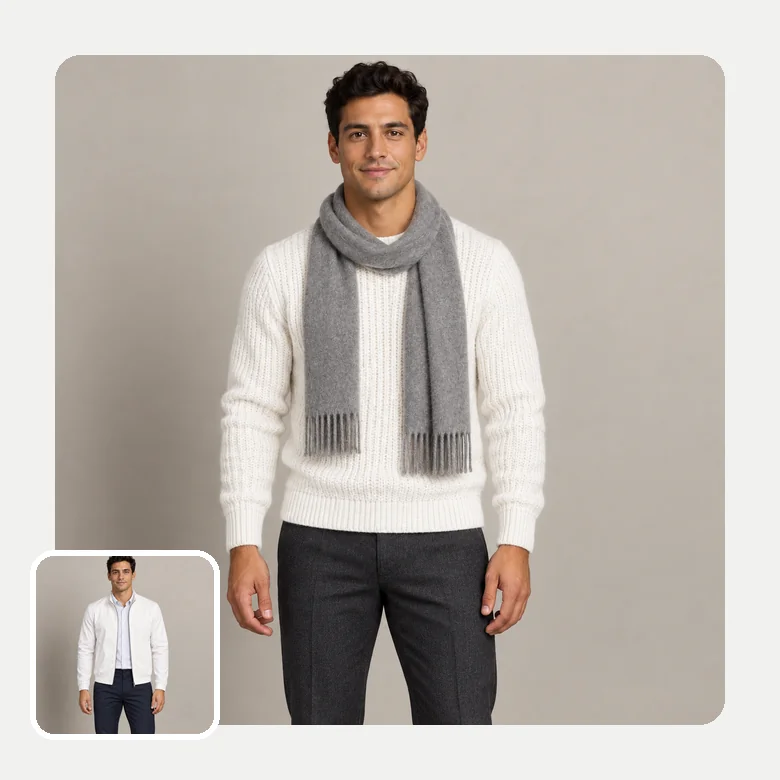 Man shown in a white knit sweater and gray scarf created from a photo in a white jacket