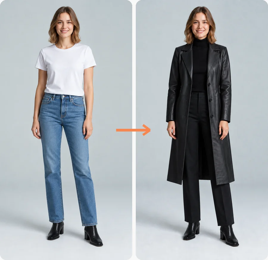 Woman in a white T-shirt and jeans changed into a black leather coat and boots