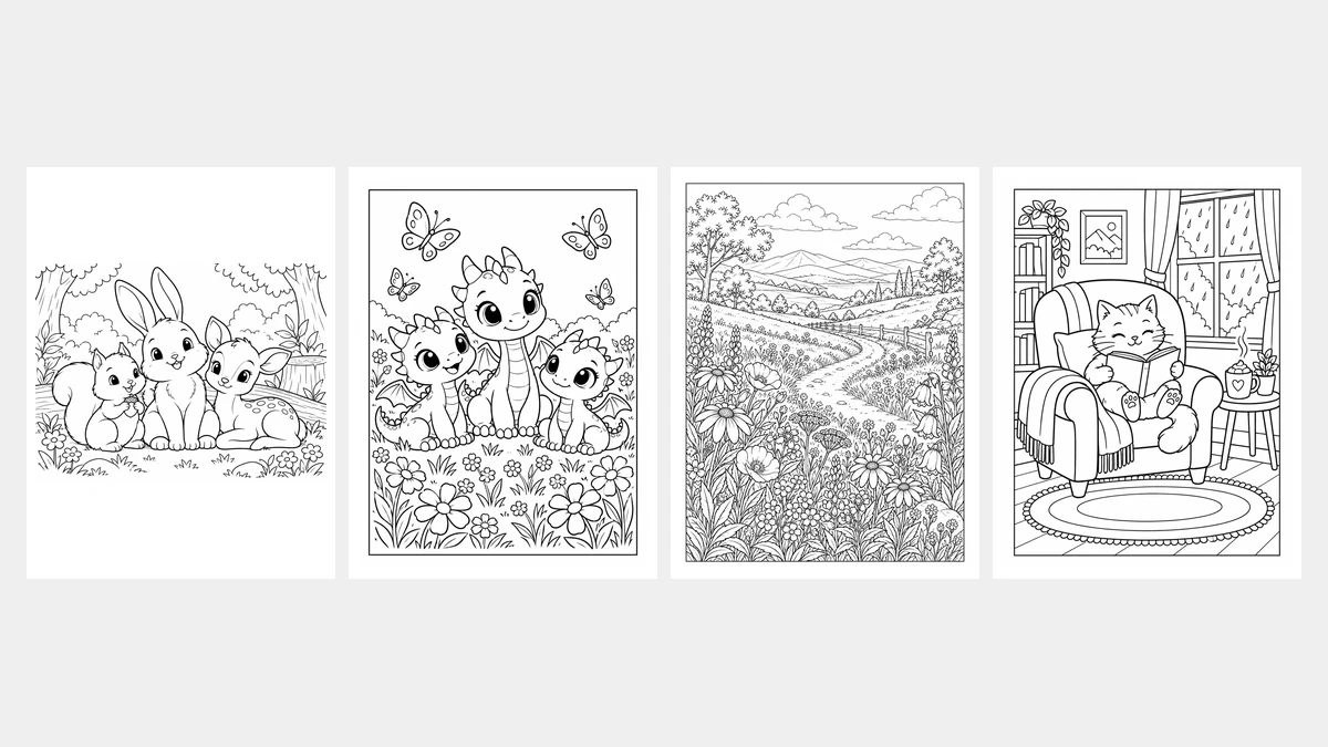 Four AI coloring pages for different ages: bunnies, baby dragons, a flower field, and a reading cat