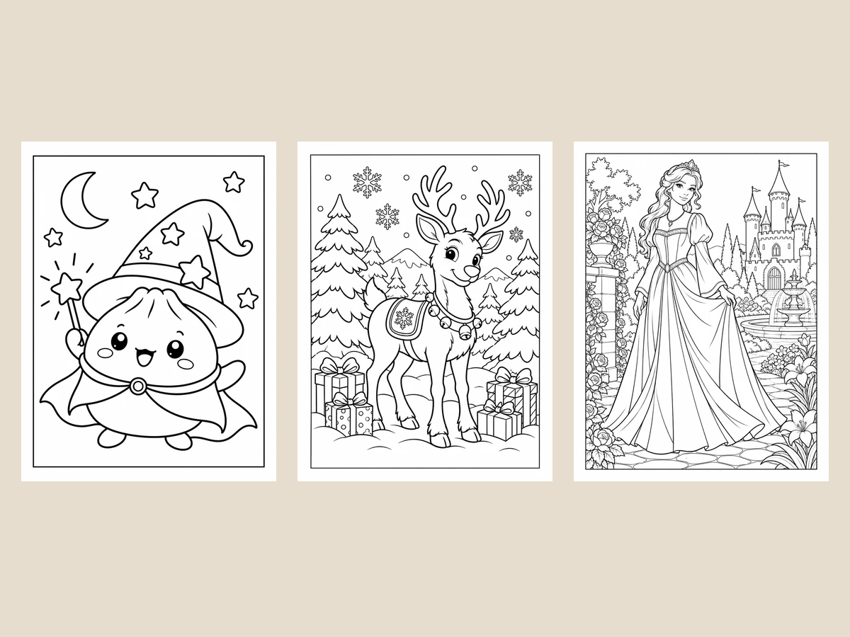 Three printable AI coloring pages with borders laid out like a coloring book