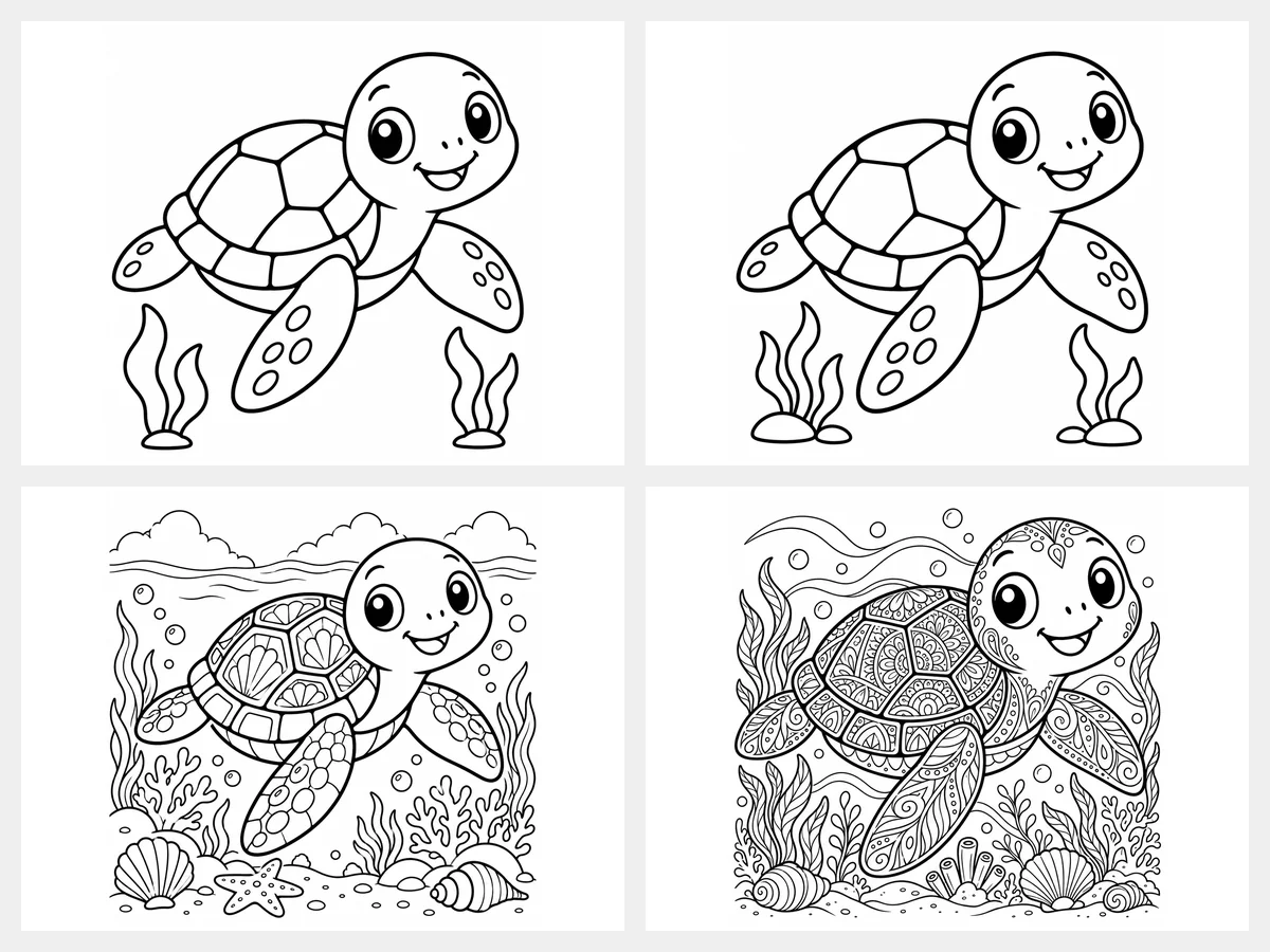 Coloring pages from simple to intricate: a turtle, a kawaii dumpling, doodle patterns, and a mandala butterfly