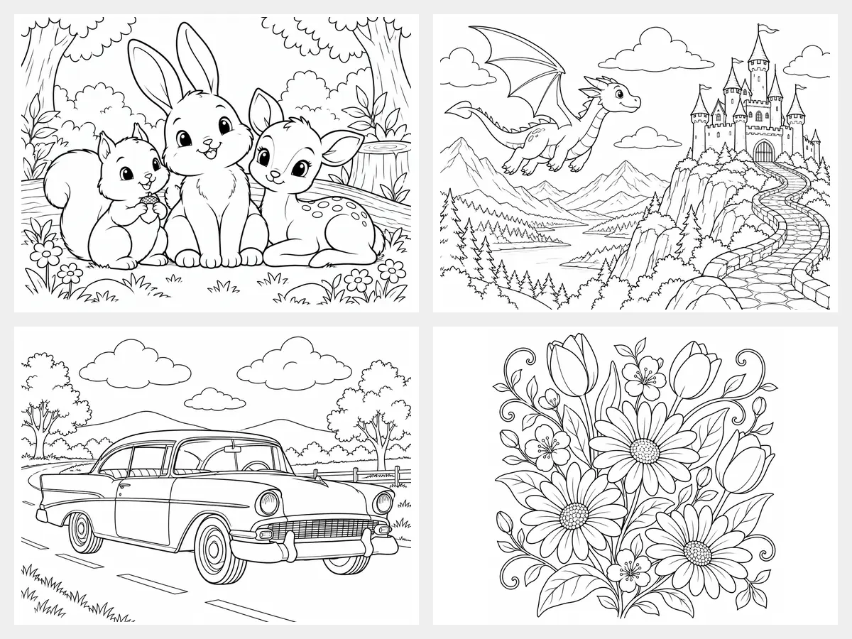 Four AI coloring pages made from text: cute animals, a dragon castle, a classic car, and flowers