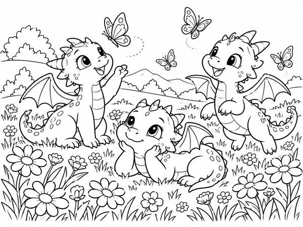 Coloring sheet with many baby dragons playing in a meadow