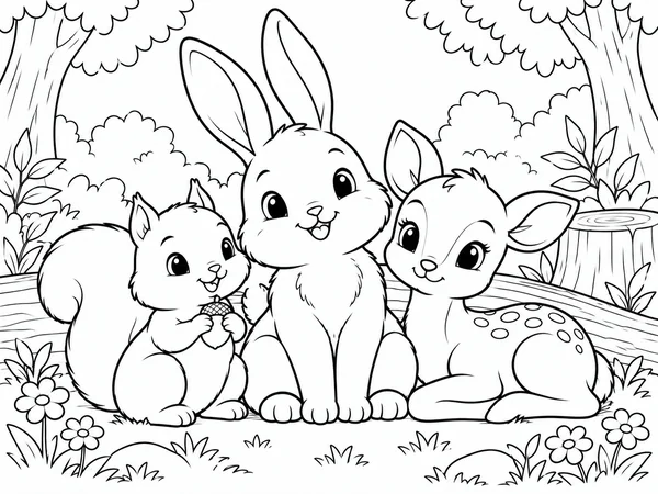 AI coloring page of cute bunnies and baby animals sitting together