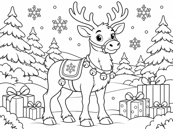 Holiday coloring page of a reindeer with a saddle in a snowy forest