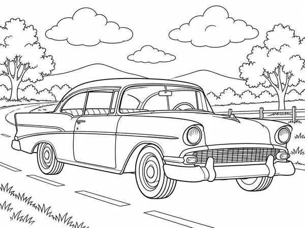 Black and white coloring page of a classic car under clouds