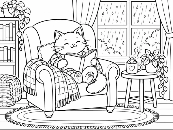Coloring page of a cat reading a book in an armchair by the window