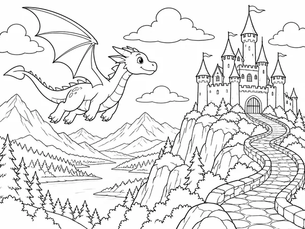 Fantasy coloring page of a dragon flying toward a castle on a hill