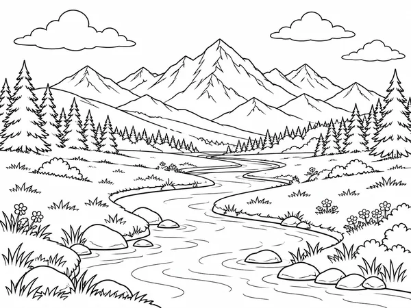 Landscape coloring page with mountains, trees, and a winding river