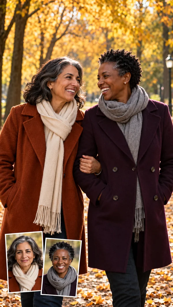 AI couple photo of two women walking arm in arm through an autumn park