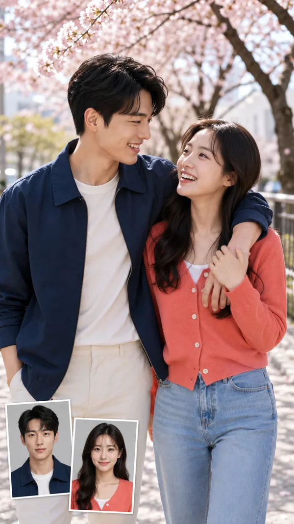 AI couple photo of a young couple embracing under cherry blossom trees
