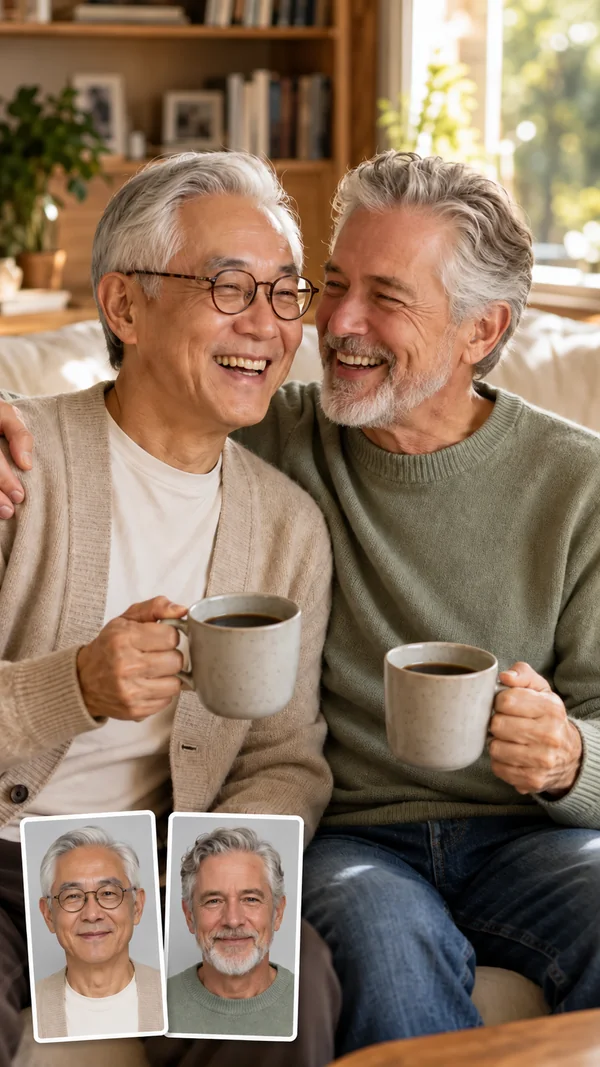 AI couple photo of an older couple sharing coffee on a sofa