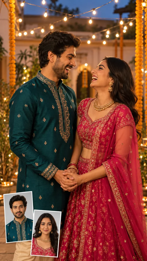 AI couple photo of a couple in festive traditional outfits under string lights