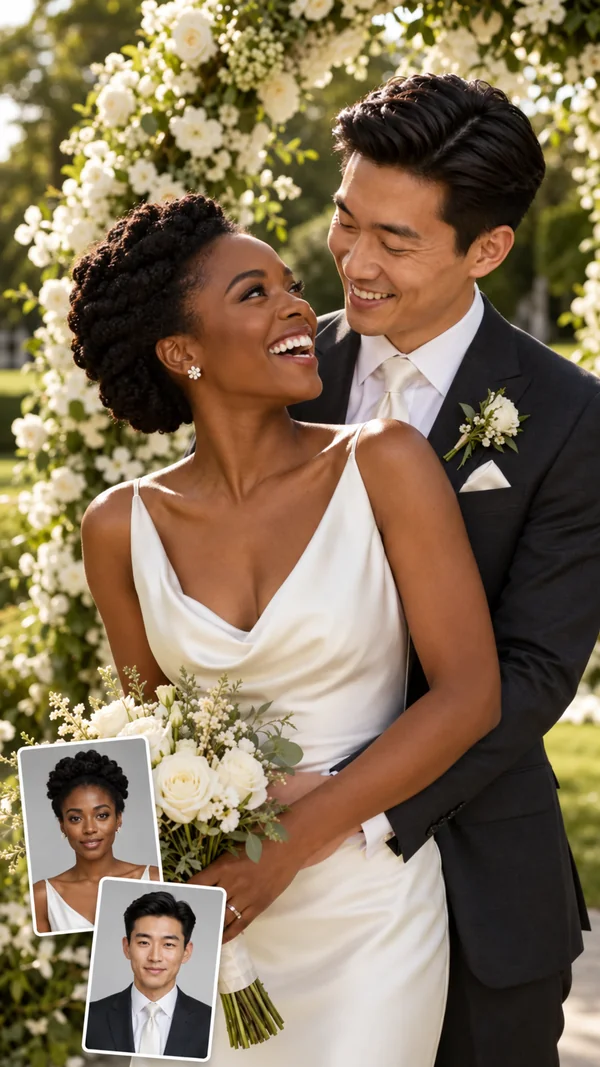 AI couple photo of a bride and groom laughing at a garden wedding