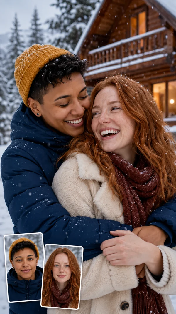 AI couple photo of two people hugging in the snow in front of a cabin
