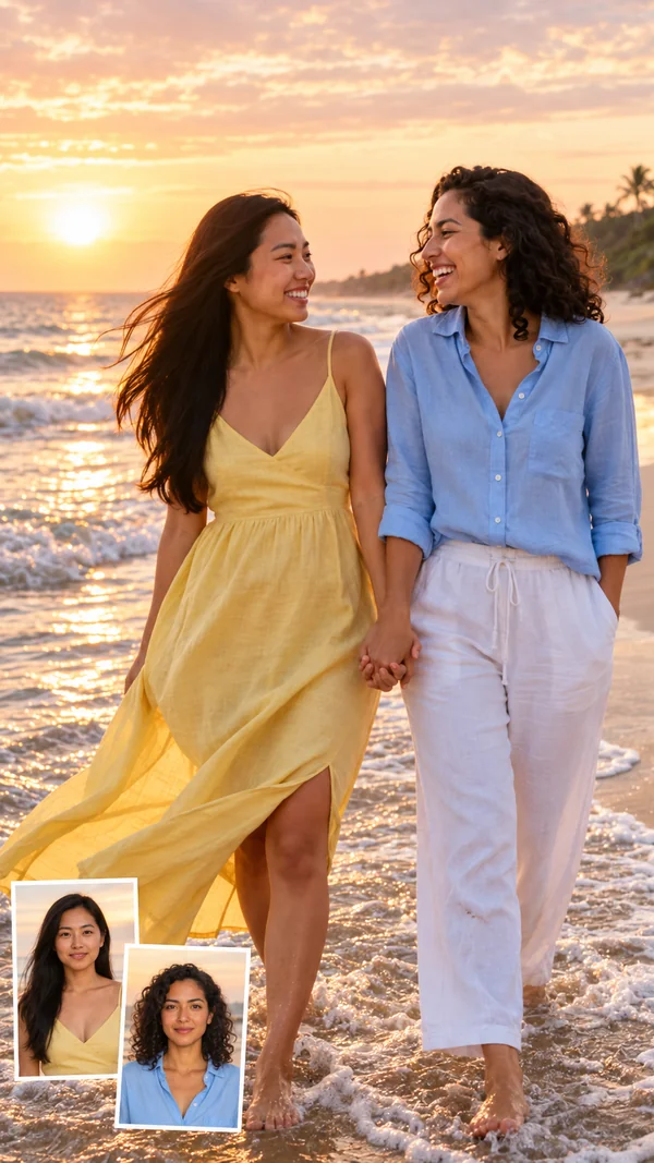 AI couple photo of two women holding hands on a beach at sunrise