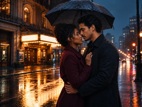 Cinematic AI couple photo of a couple under an umbrella on a rainy city street at night