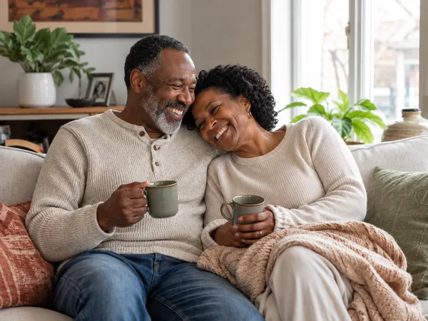 Cozy lifestyle AI couple photo of an older couple relaxing on a sofa with mugs
