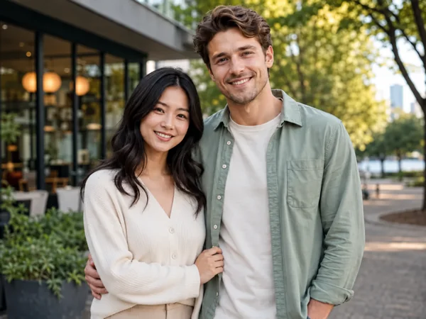 Photorealistic AI couple photo of a smiling couple outside a cafe