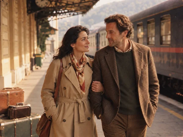 Vintage film AI couple photo of a couple walking along a train platform