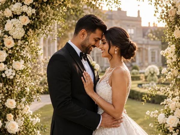 Wedding-style AI couple photo of a bride and groom under a floral arch