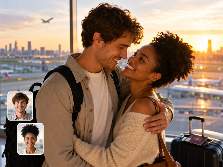 Long-distance couple hugging at an airport window, created from two separate selfies