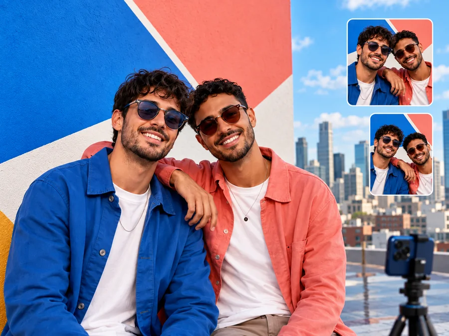 Two friends taking a selfie together, with matching social media couple photos