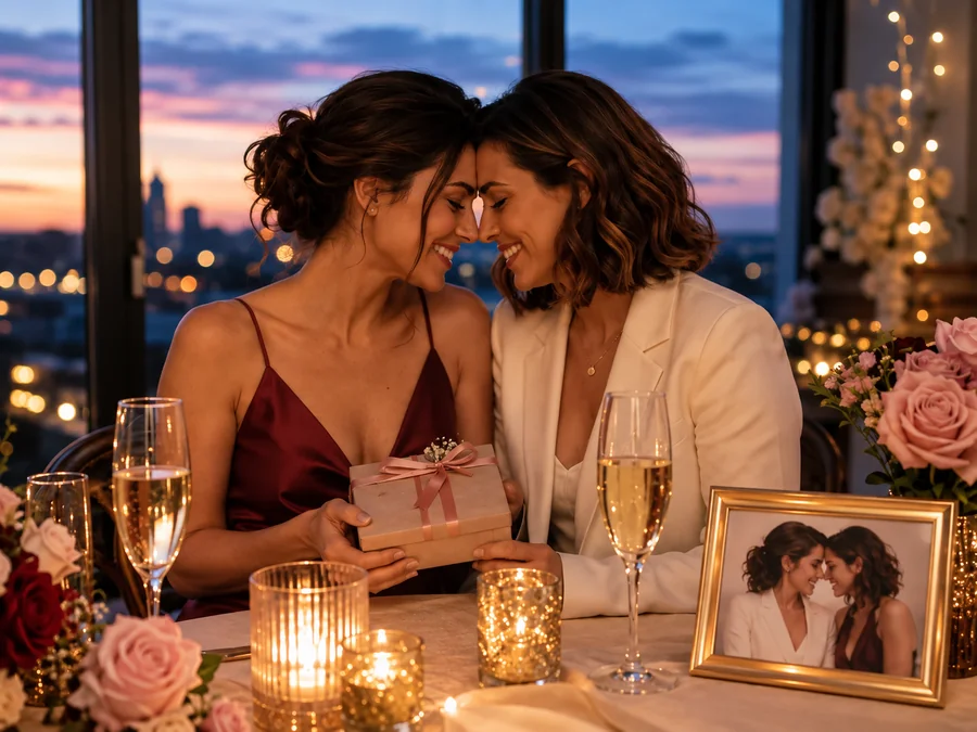 Couple touching foreheads at a candlelit anniversary dinner