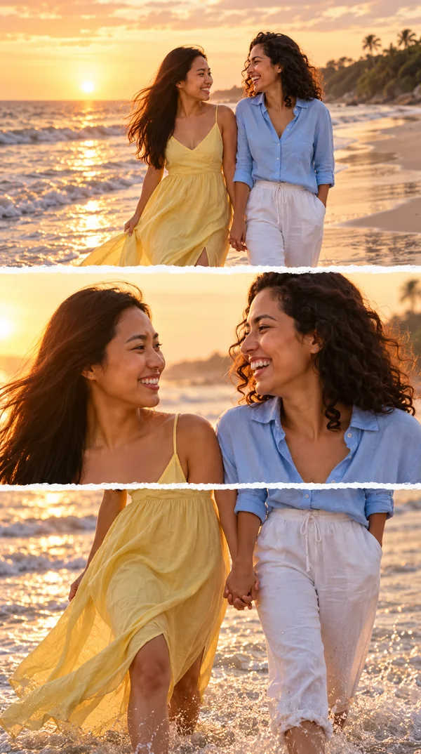 Three stacked frames of the same couple at sunrise on the beach in the three-layer edit style