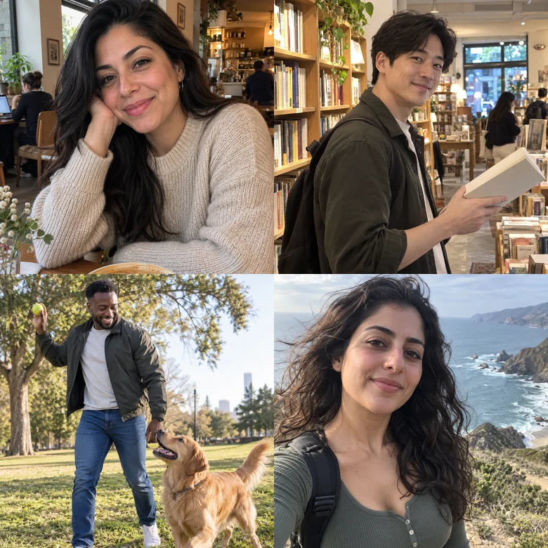 Four natural dating photos in a café, a street, a mountain, and a restaurant