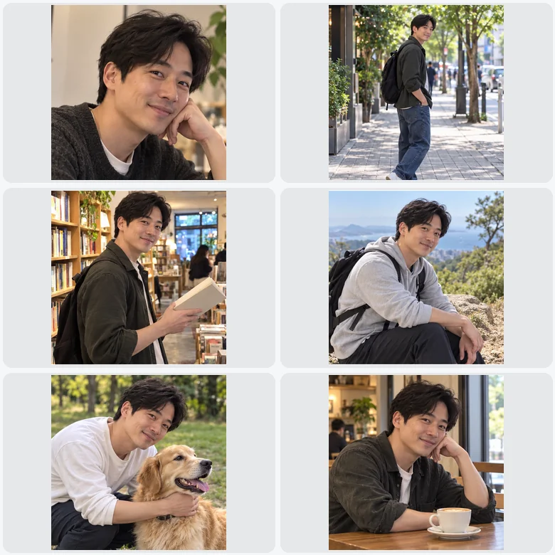 One selfie of a man turned into several dating profile photos in different outfits