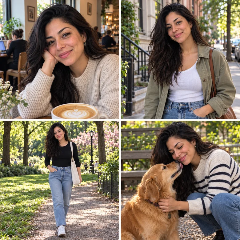 Dating photo options for outfit, expression, hairstyle, background, and pose