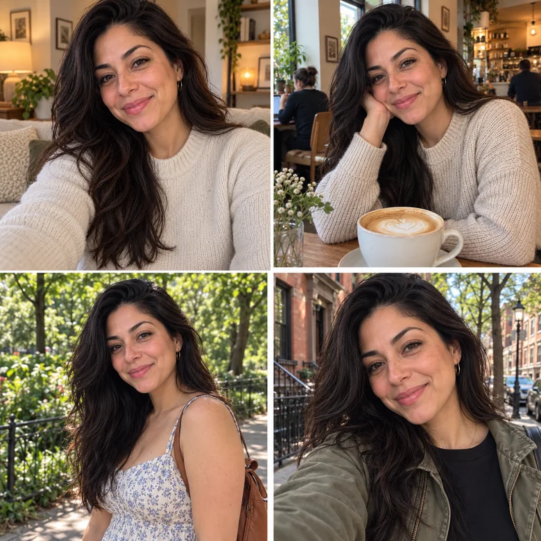 One woman shown in four natural dating photos with different backgrounds, same face