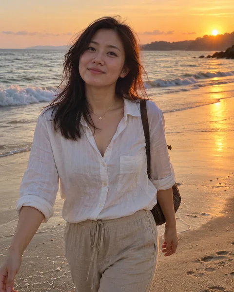 Natural dating photo of a woman walking on a beach at sunset