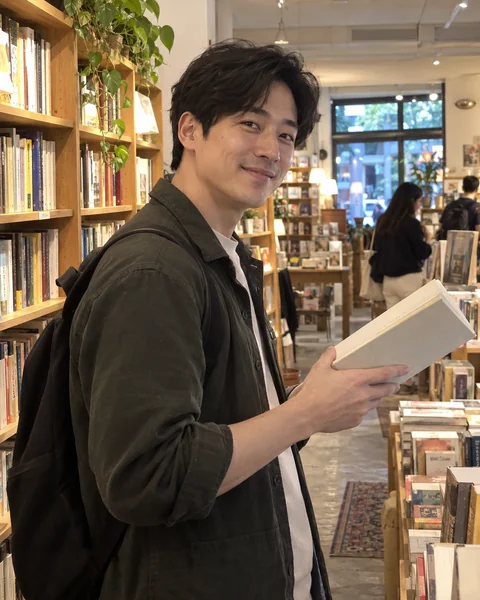 AI dating photo of a man holding a book in a bookstore